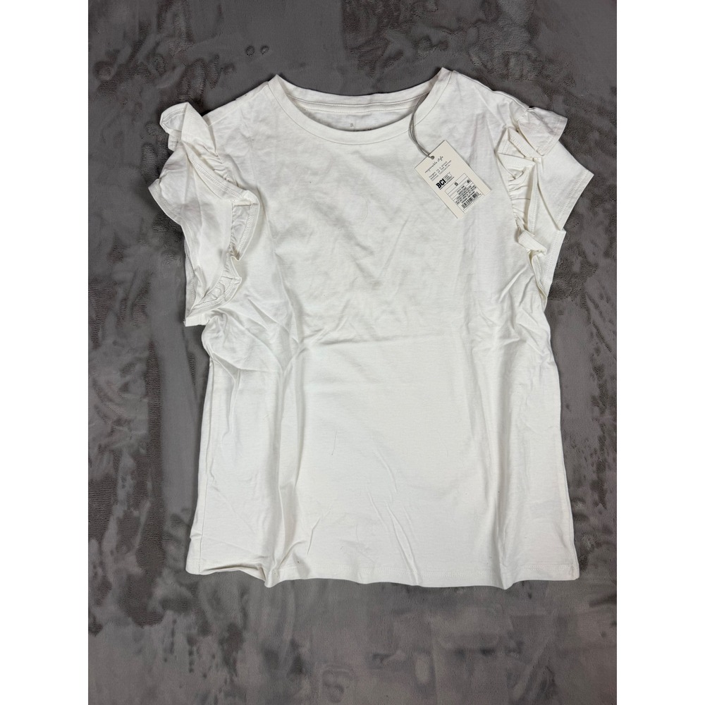 A New Day Womens White Flutter Ruffle Sleeve Crew Neck T-Shirt Small NWT